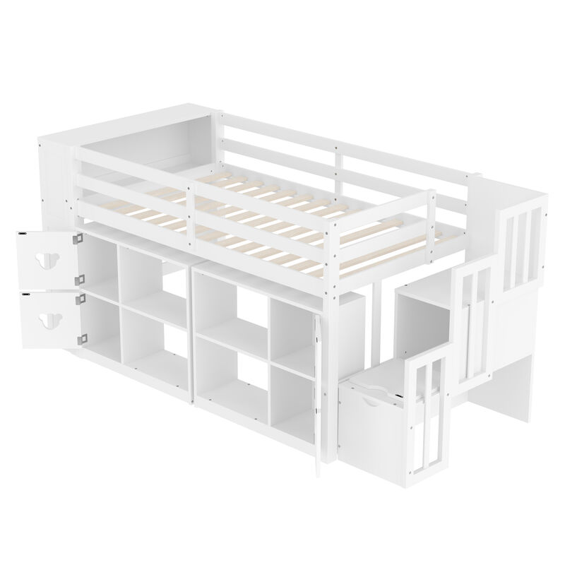 Whisen Low Loft Bed with Storage Headboard and Shelves image number 7