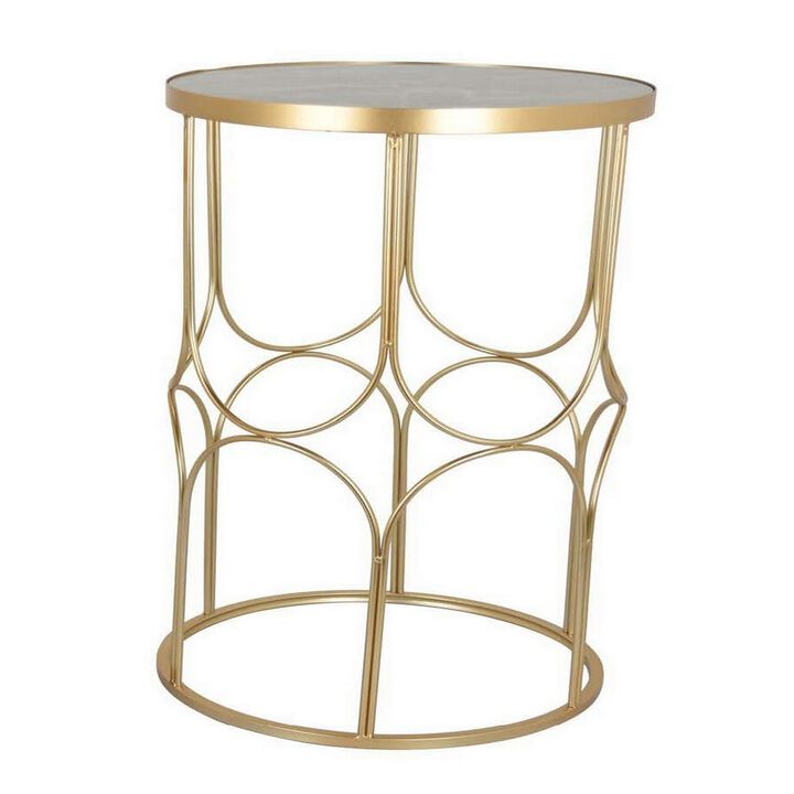 Gimy Set of 2 Plant Stand Table, Round White Gray Marble Top, Gold Base - Benzara