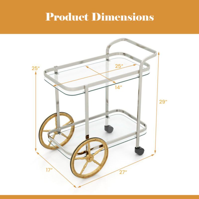 Hivvago 2-Tier Tempered Glass Bar Cart with 2 Large Aluminum Wheels and 2 Rolling Casters