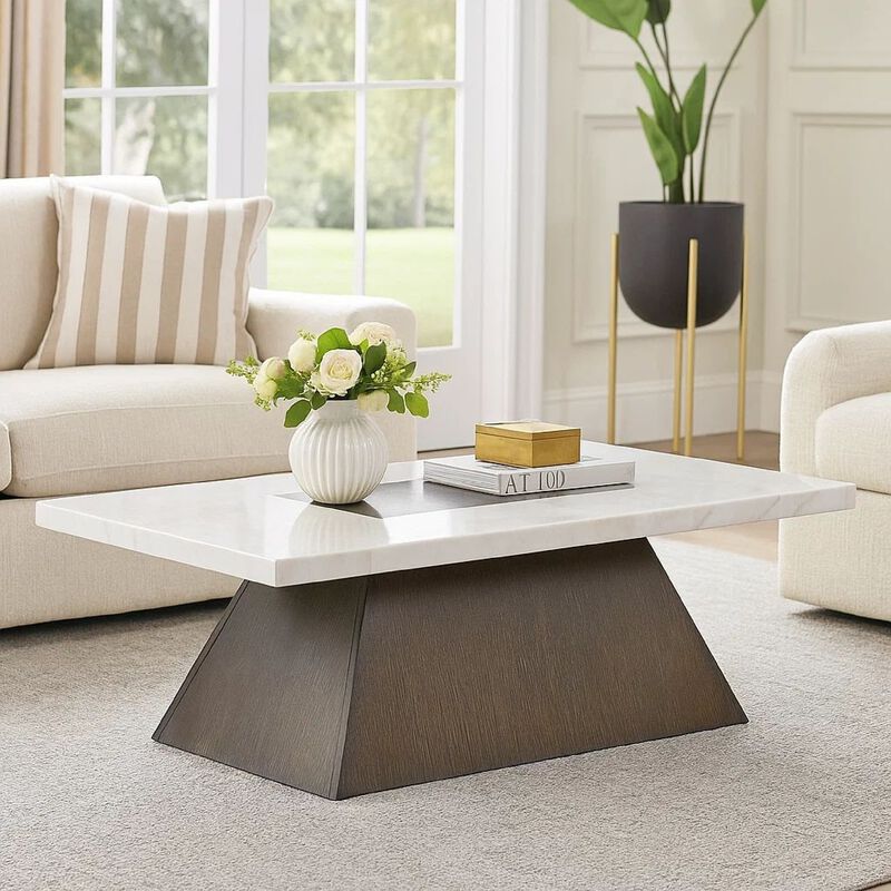 Asten Coffee Table, 48 Inch White Marble, Walnut Brown Pedestal Base image number 6