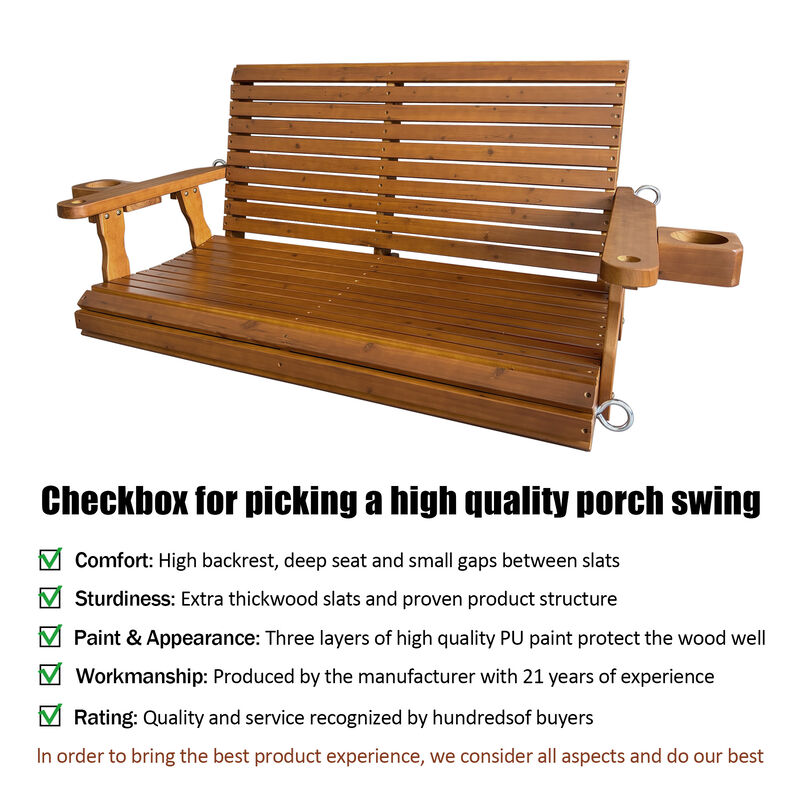 Mega Casa Wooden Porch Swing 2-Seater, Bench Swing with Cupholders, Hanging Chains and 7mm Springs, Heavy Duty 800 LBS, for Outdoor Patio Garden Yard (Brown)