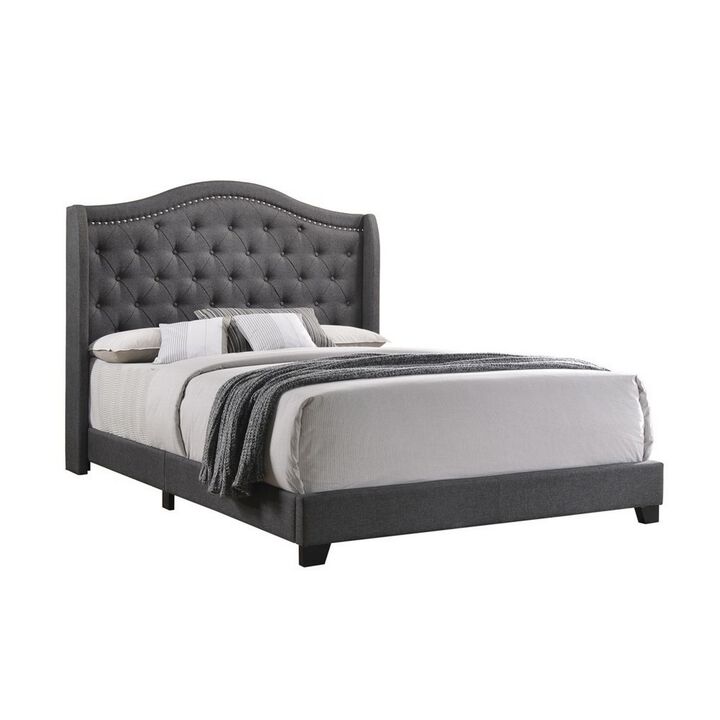 Fabric Upholstered Wooden Demi Wing Queen Bed with Camelback Headboard,Gray-Benzara
