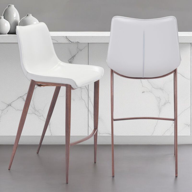 Hivvago Set of Two 30 Inch White And Brown Steel Low Back Bar Height Bar Chairs