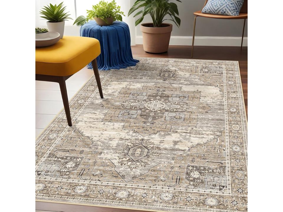 Beige Vintage Area Rug 3x5 Washable Non Slip Living Room Floor Carpet