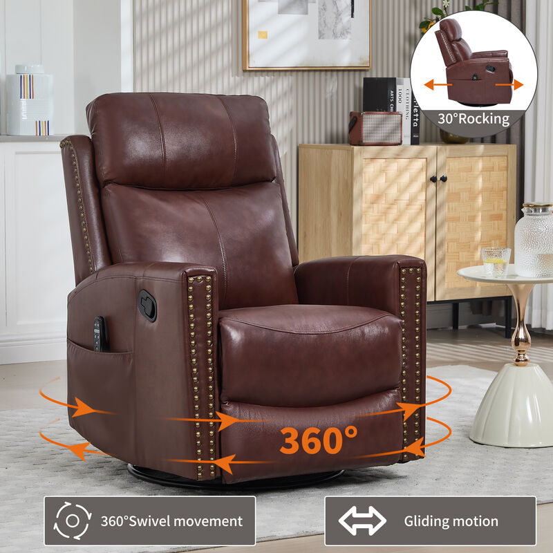 Gnuine Leather Heat Massage Manual Recliner Chair with Rocker and Swivel image number 4