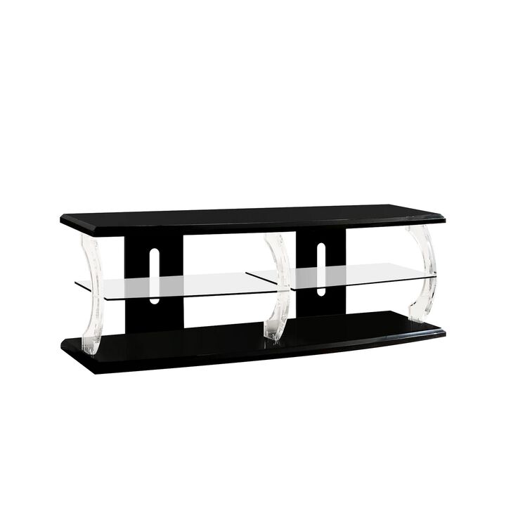 72" Wooden TV Stand With Spacious Glass Shelf, Black And Clear-Benzara