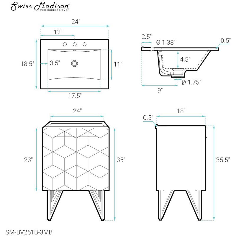 Annecy 24 in. Phantom Black Bathroom Vanity with 3-Hole Ceramic Sink Top image number 4