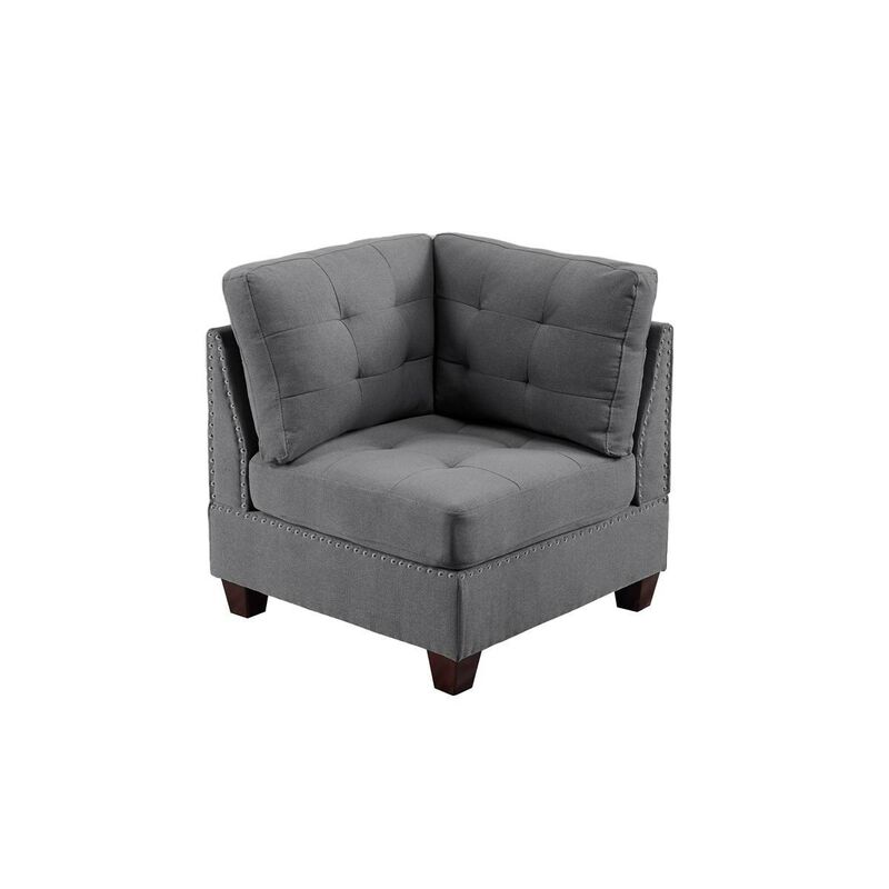 Living Room Furniture Tufted Corner Wedge Grey Linen Like Fabric 1pc Cushion Nailheads Wedge Sofa Wooden Legs
