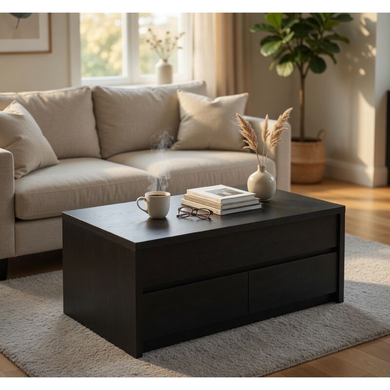 Knax Lift-Top Coffee Table with Hidden Storage and Drawers, Black Wood image number 8