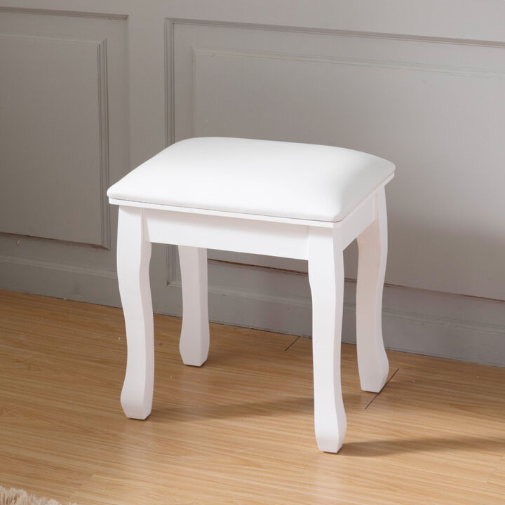 White Vanity Stool Padded Makeup Chair Bench with Solid Wood Legs