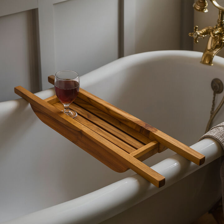 HomeRoots 4" X 30" Natural Teak Over Tub Rectangular Bath Caddy Shelf