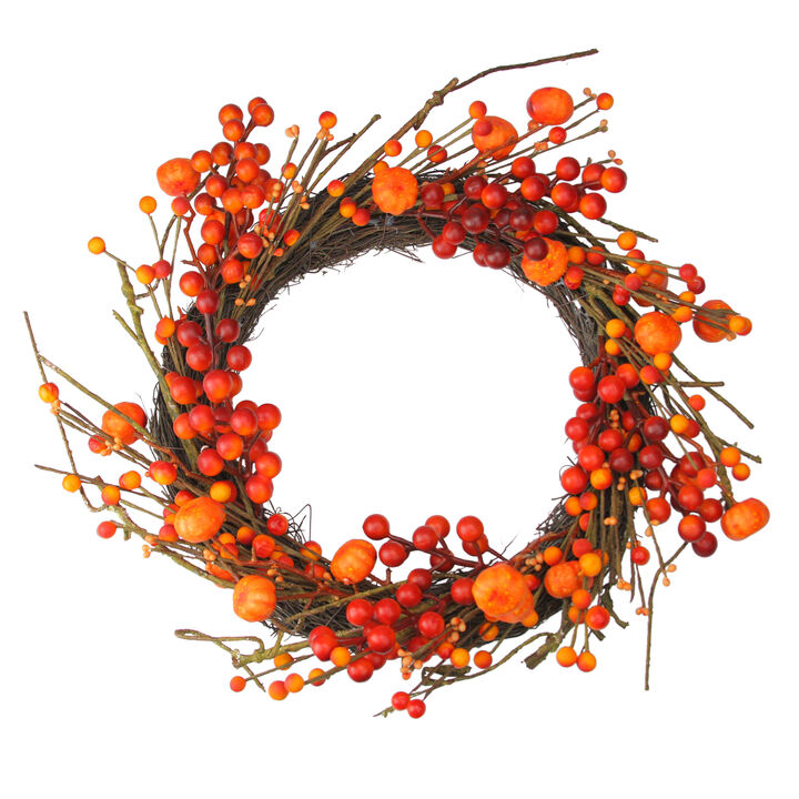 Red and Orange Fall Berry and Mini Pumpkin Artificial Thanksgiving Wreath - 20-Inch  Unlit