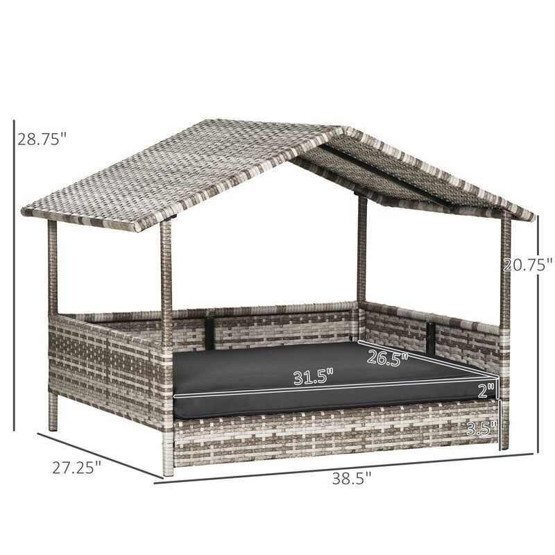 Wicker Dog House Elevated Raised Rattan Bed for Indoor/Outdoor with Removable Cushion Lounge, Charcoal Grey