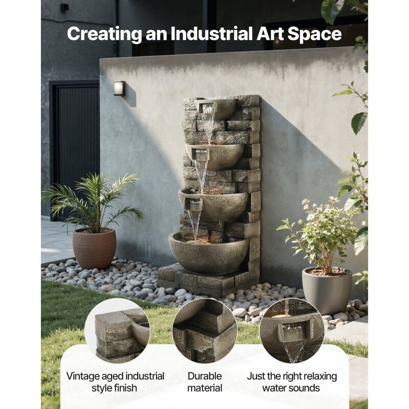 4-Tier Waterfall Fountain with Built-In LED Lights, Floor Standing Water Feature for Patio Garden-Concrete Grey image number 4