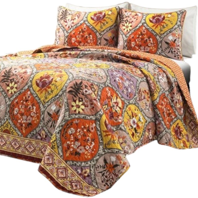 Hivvago Boho Floral Lightweight Cotton Orange Mauve 3-Piece Quilt Set