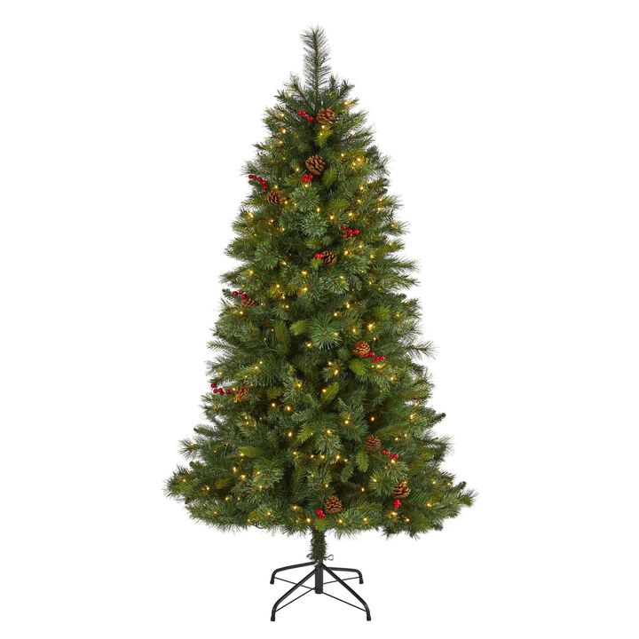 Nearly Natural Aberdeen Spruce Artificial Christmas Tree with Clear LED Lights, Pine Cones and Red Berries