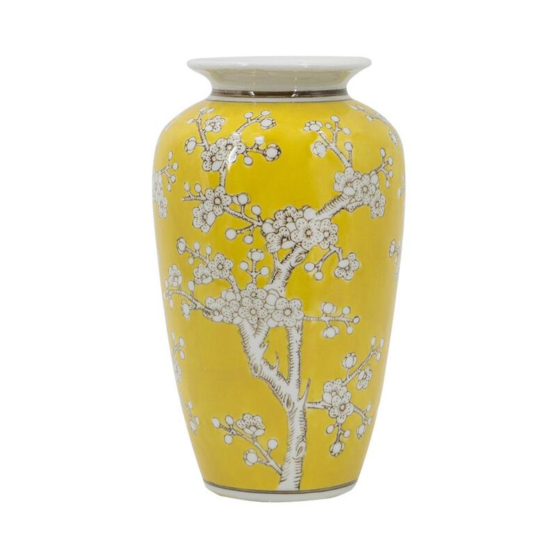 HomeRoots 11" White And Yellow Floral Porcelain Urn Table Vase image number 2