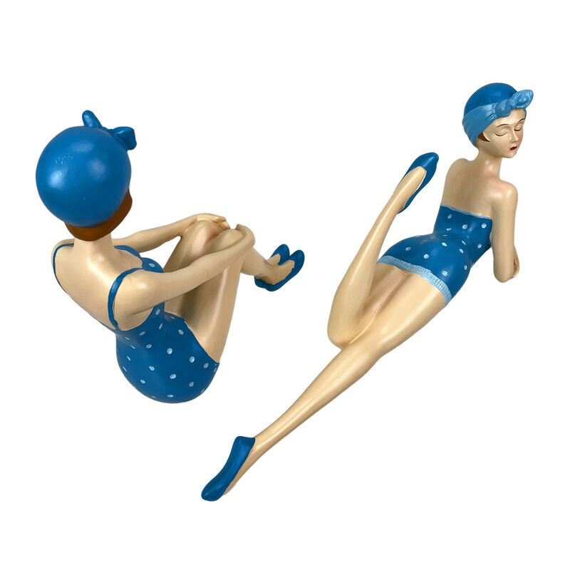 Set of 2 Beach Beauties Sunbathing Figurines Blue Polka Dot Coastal Decor image number 2