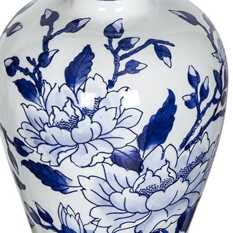 HomeRoots 13" Blue And White Floral Chinoiserie Round Porcelain Table Vase image number 3