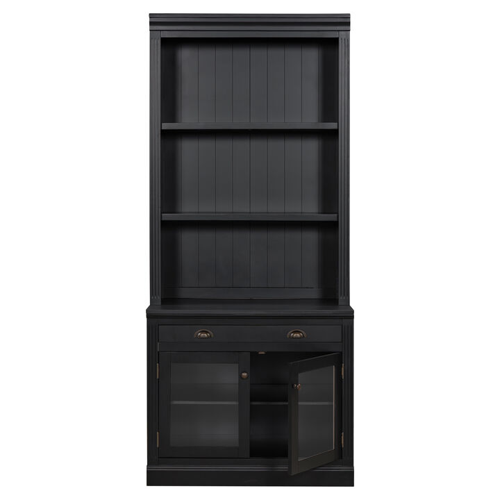 Whisen 83.4" Bookcase with LED Lighting, 2 Glass Doors & 1 Drawer, Solid Wood & MDF Storage Bookcase for Home Office