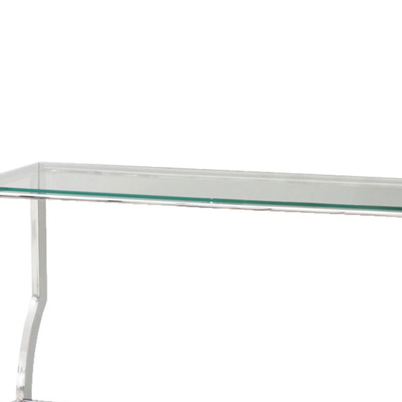 Glass Top Sofa Table with Metal Frame and Mirror Shelf, Chrome