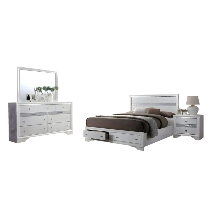 Cevy 4pc Queen Bedroom Set with Dresser, Silver Accents, White Wood