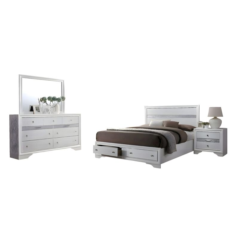 Cevy 4pc Queen Bedroom Set with Dresser, Silver Accents, White Wood image number 0