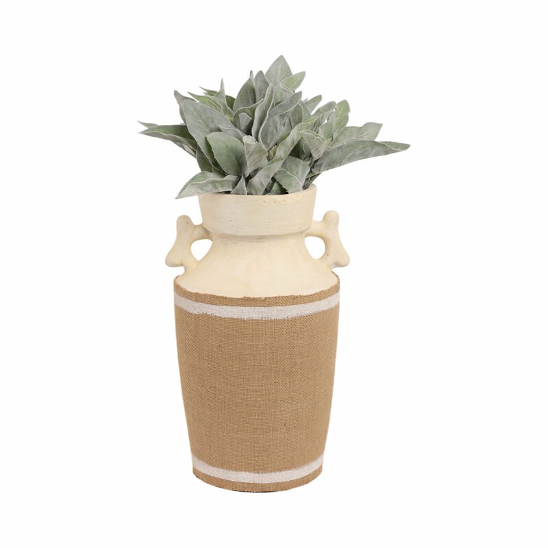 16" Burlap On Terracotta Vase, Ivory/natural image number 1