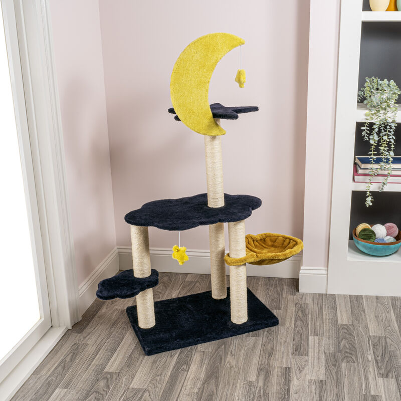Aurora 49" 3-Tier Modern Sisal Moon And Stars Cat Tree with Scratching Posts, Basket, and Fuzzy Bell Toys, Navy/Yellow/White
