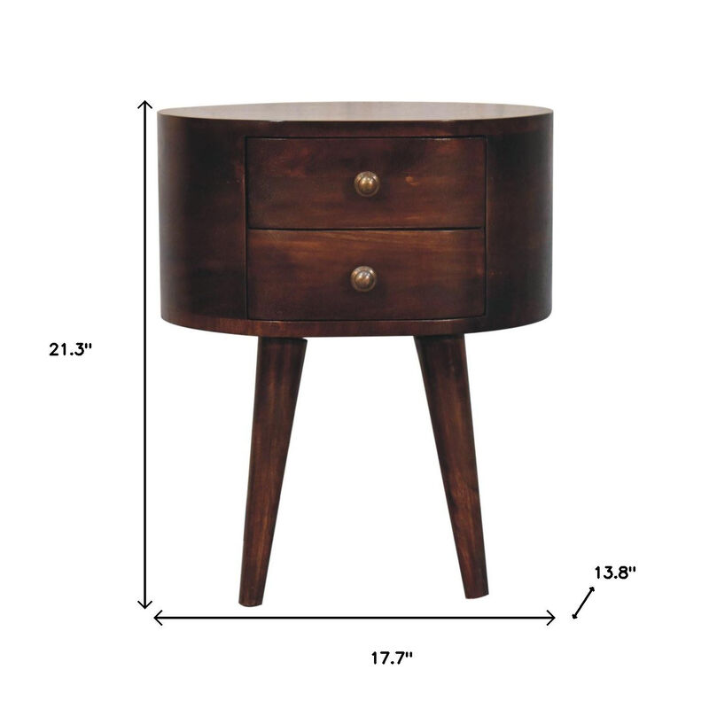 HomeRoots 21" Walnut Solid Wood Oval Two Drawer Nightstand image number 6