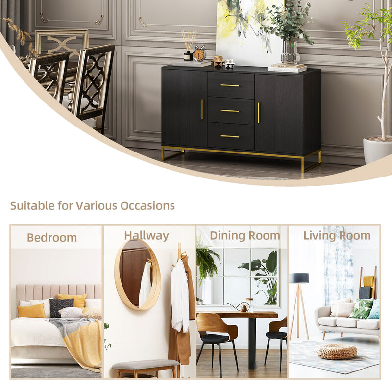 Black Storage Accent Cabinets with 3-Drawers and 2-Cabinets, Metal Legs Cupboard Floor-Standing Sideboard