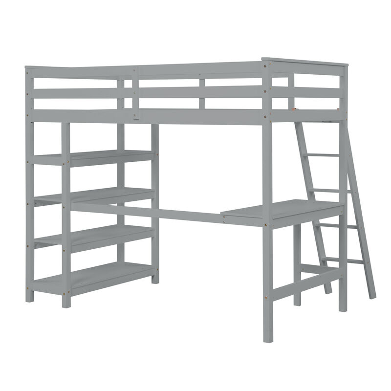 Loft Bed Twin with desk,ladder,shelves, Gray