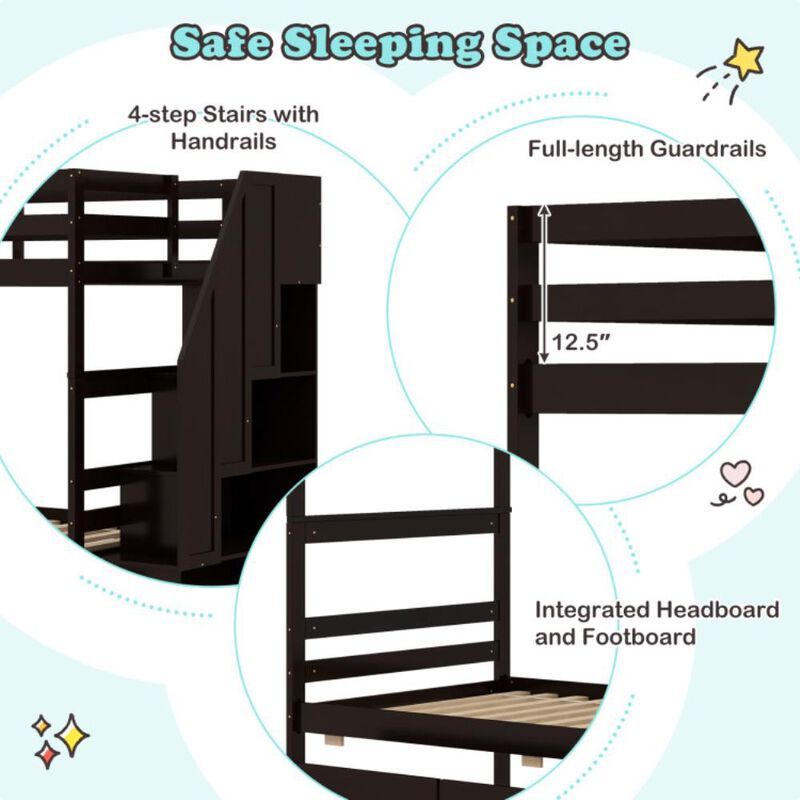 Hivvago Twin Over Twin Bunk Bed with Storage Stairs and Drawers
