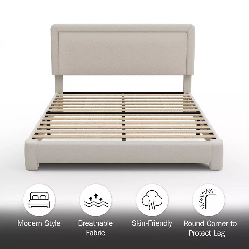 Upholstered Platform Bed Frame with Adjustable Headboard, Boucle Fabric No Box Spring Required image number 4