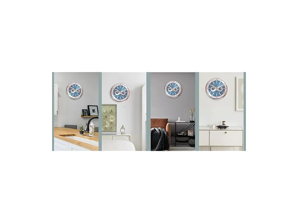 Temperature Humidity Blue Industrial Wall Clock 2 Inch Silent Non Ticking Metal