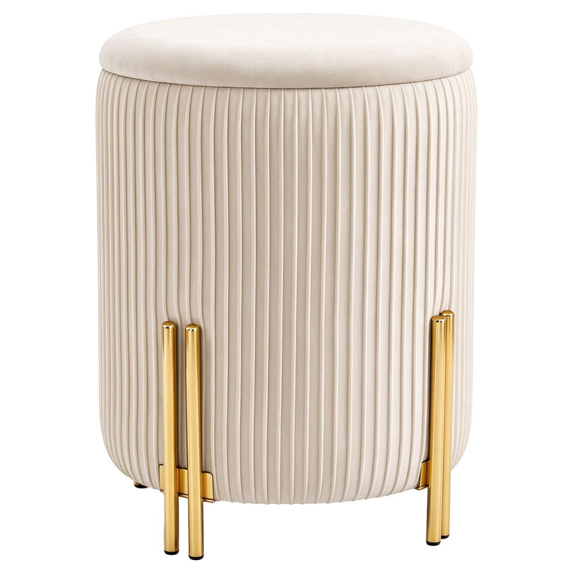 Off-White Round Velvet Storage Ottoman with Reversible Tray Lid, Gold Metal Legs image number 2