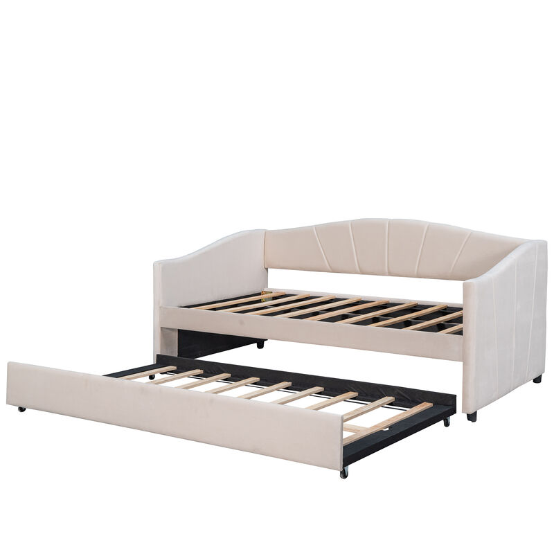 Merax Upholstered Daybed Sofa Bed Twin Size With Trundle Bed and Wood Slat