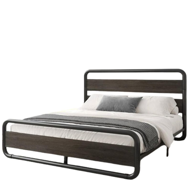 Hivvago King Heavy Duty Round Metal Frame Platform Bed with Black Wood Panel Headboard