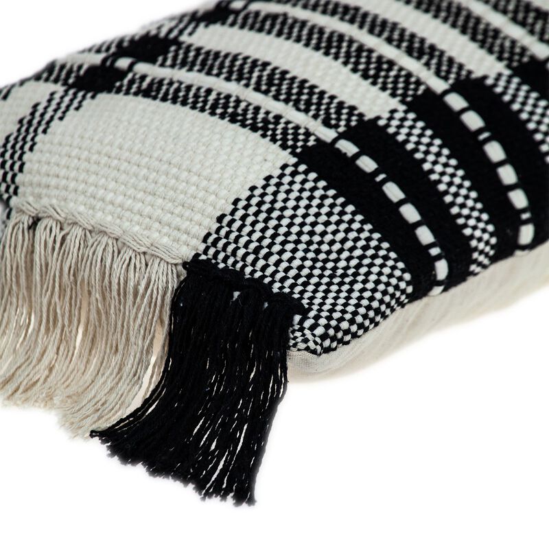 HomeRoots 12" X 35" Black and White Plaid Cotton Lumbar Throw Pillow With Fringe image number 3