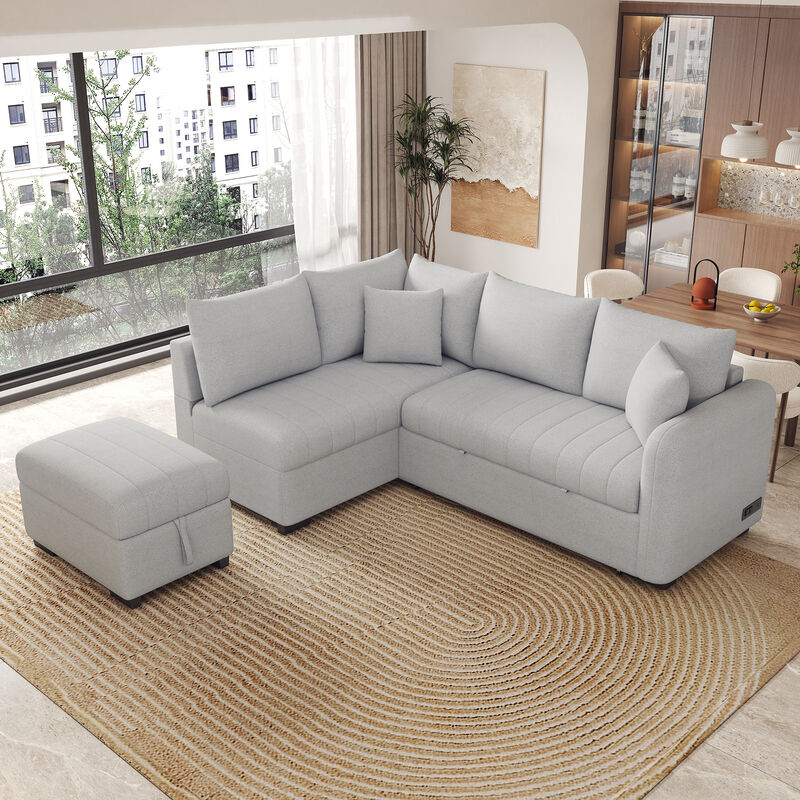 Merax L-shaped Sectional Pull Out Sofa Bed Sleeper Sofa with 2 USB Ports. image number 2