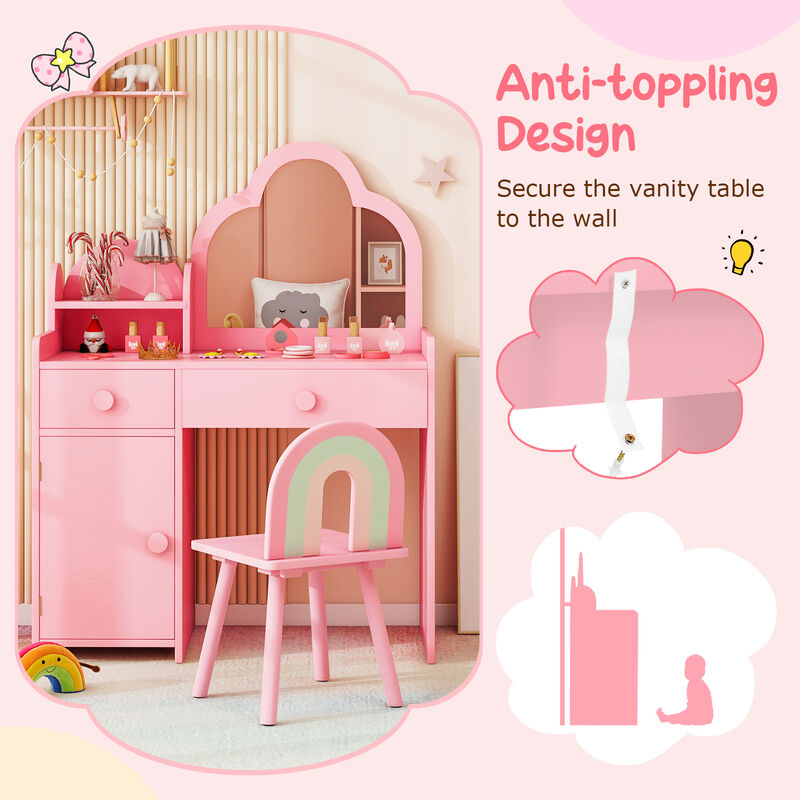 Adorable Kids Vanity Table Set with Cloud Mirror and Storage Compartment