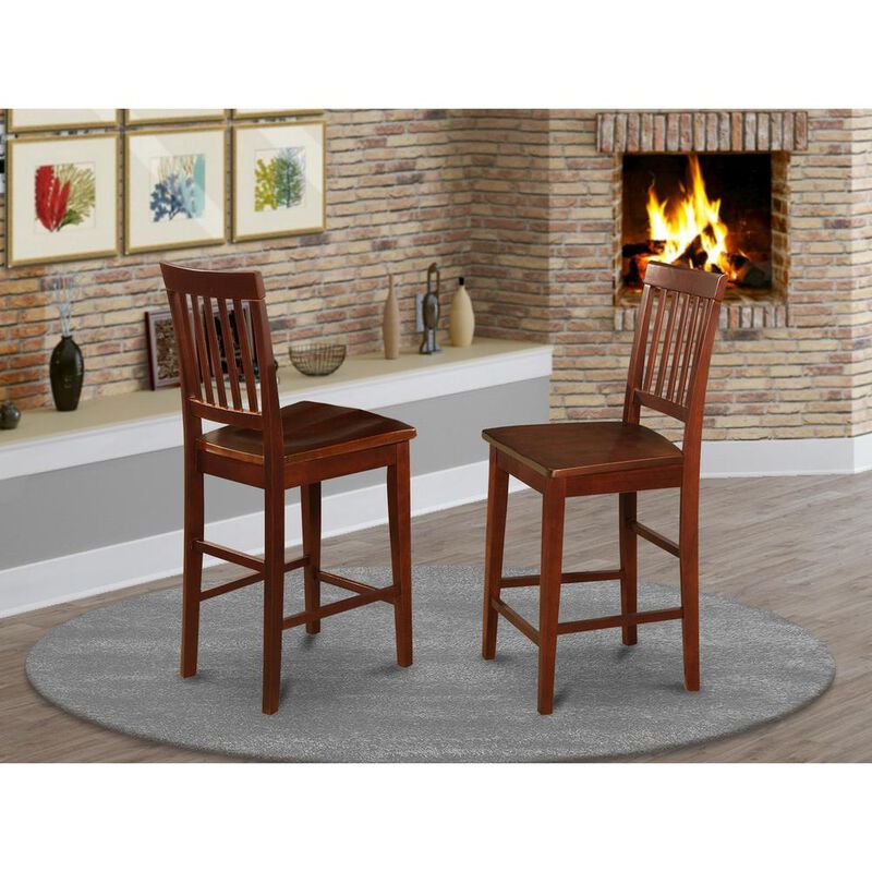 East West Furniture Vernon  Counter  Stools  with  Wood  Seat  -  Mahogany  Finish,  Set  of  2