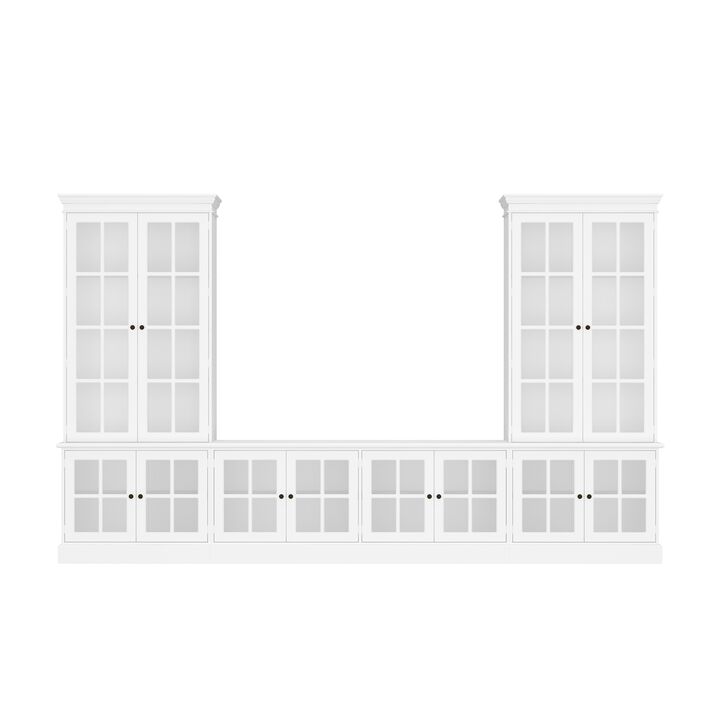 FUFU&GAGA Modern Glass-Door TV Cabinet with Vintage Metal Handles, Tempered Glass Display, and Solid Wood Feet, Water-Based Paint Finish, (125.2 in. W x 15.7 in. D x 76 in. H), White