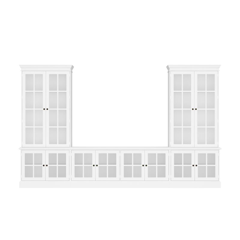 FUFU&GAGA Modern Glass-Door TV Cabinet with Vintage Metal Handles, Tempered Glass Display, and Solid Wood Feet, Water-Based Paint Finish, (125.2 in. W x 15.7 in. D x 76 in. H), White