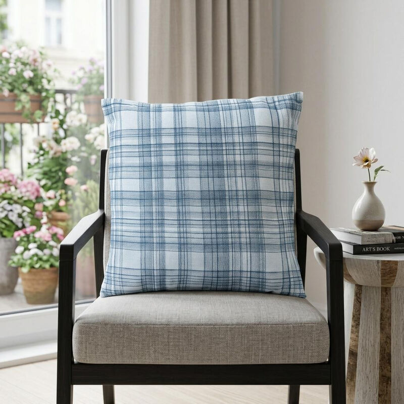 HomeRoots 20" Blue Check Cotton Blend Throw Pillow With Embroidery image number 1