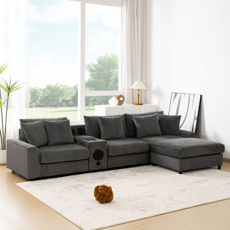 Whisen Corduroy Sectional Sofa with Bluetooth Speakers,Built-in Charging Console,Storage Ottoman,and Wide Seat Cloud Couch image number 1