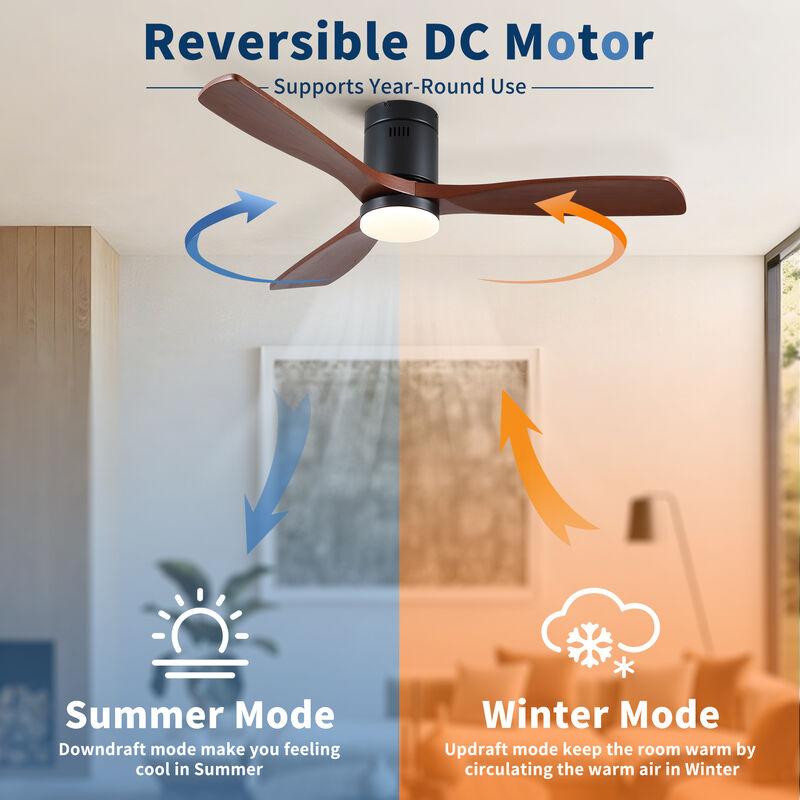 52 inch Matte Black Farmhouse Retro Solid Wood Flush Mount Intergrated LED Ceiling Fan with Light image number 6