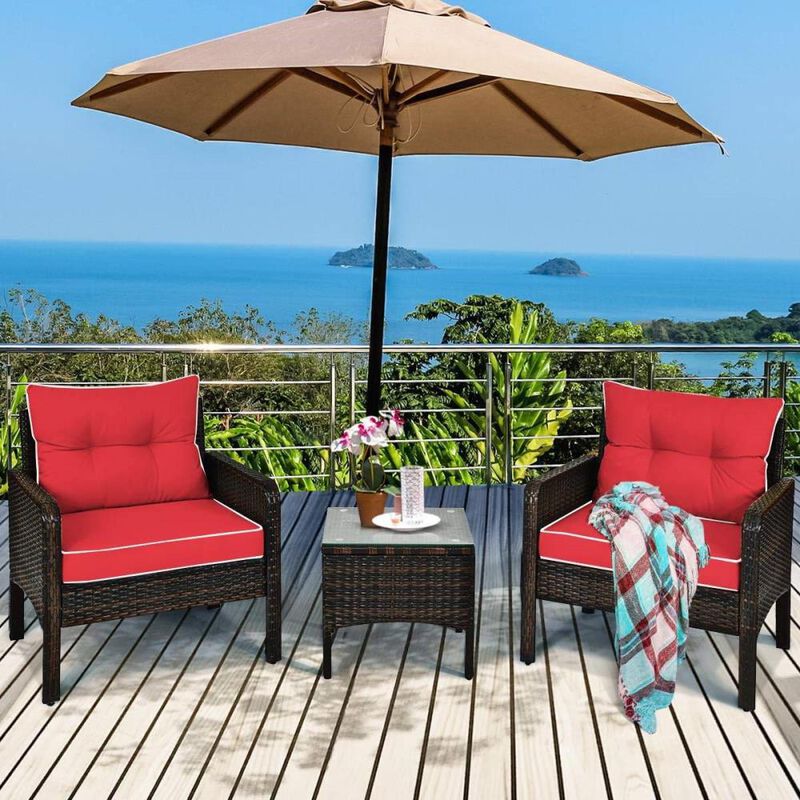 Hivvago 3-Piece Brown PE Rattan Outdoor Dining Patio Furniture Set with Red Cushions