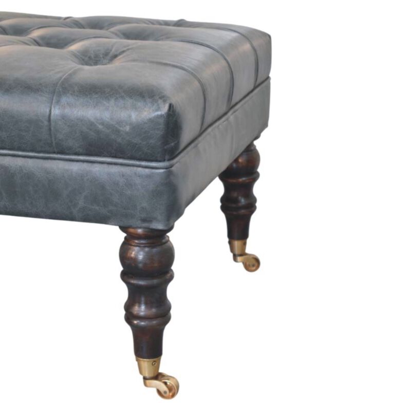 Artisan Furniture Solid Wood Leather Ottoman with Castor Legs