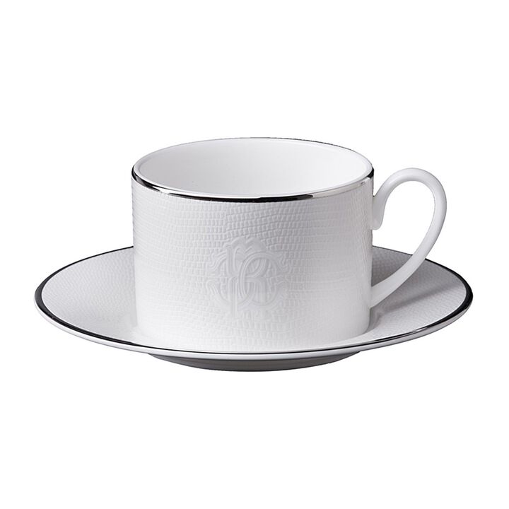 Tea Cup & Saucer LIZARD PLATIN Set of 2 in Luxury Box diam. 3.3", H 2.3", cap. 7.5 oz, Saucer diam. 6"
